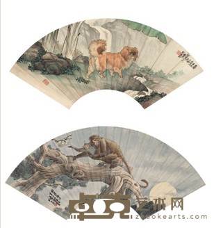 刘奎龄 灵犬 封侯荫子（两幅） 扇面镜心 19.6*55.5cm;19.3*53